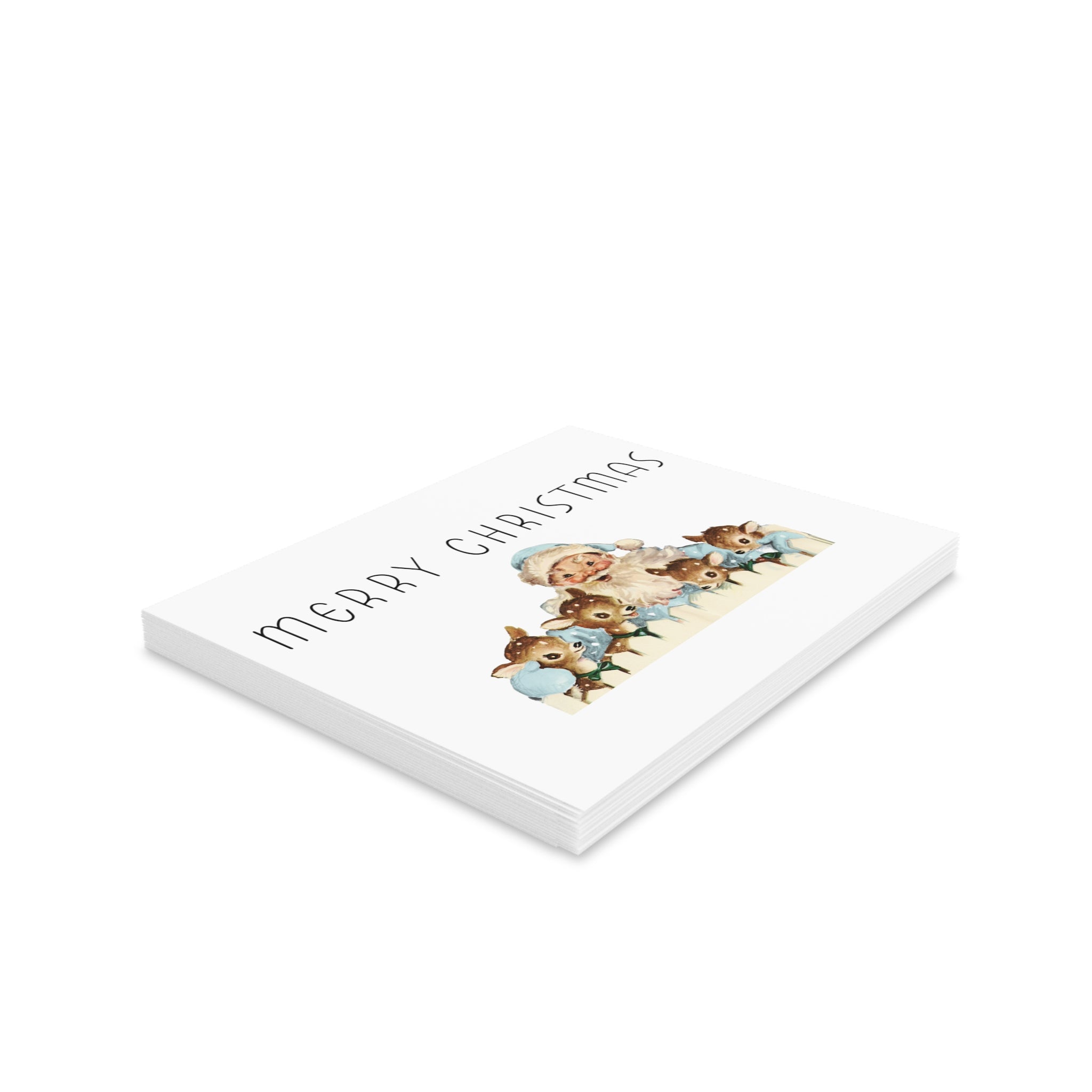 Merry Christmas Santa With Baby Reindeer Mid Century Retro Christmas Print Matte Greeting Cards (8, 16, and 24 pcs)