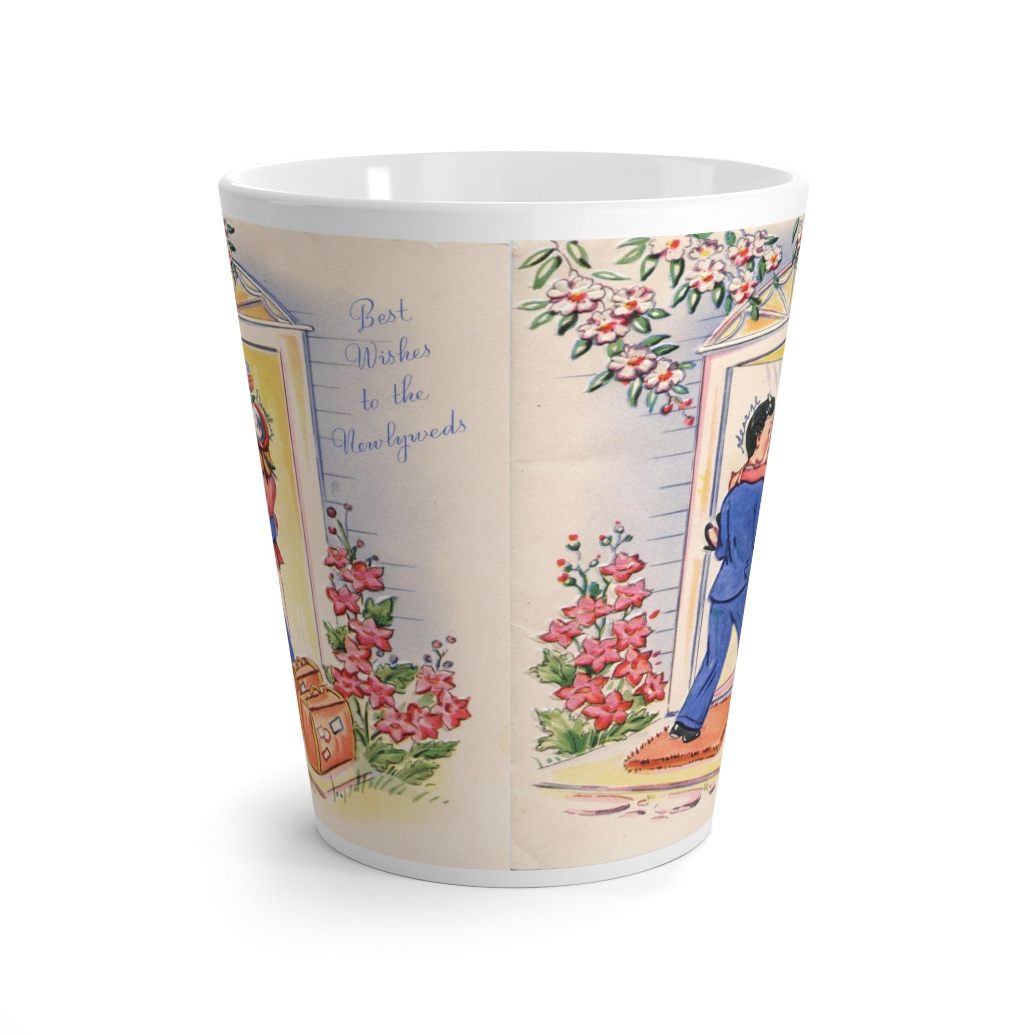Midcentury New Beginnings: Retro Couple Crossing Threshold Latte Mug - Ideal Wedding & Housewarming Gift