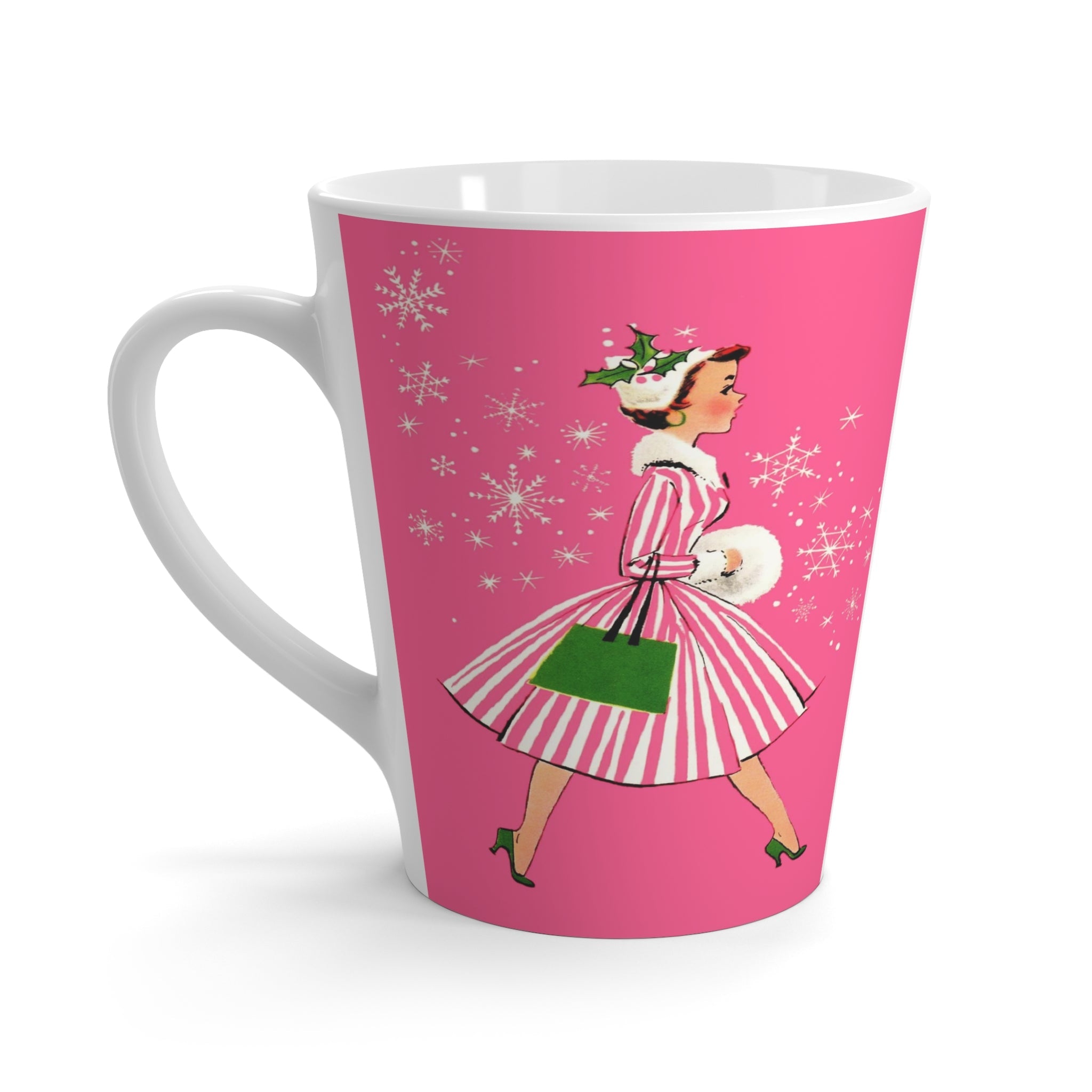 Pink Christmas Lady Mid Century Retro Christmas Print Latte Coffee Mug