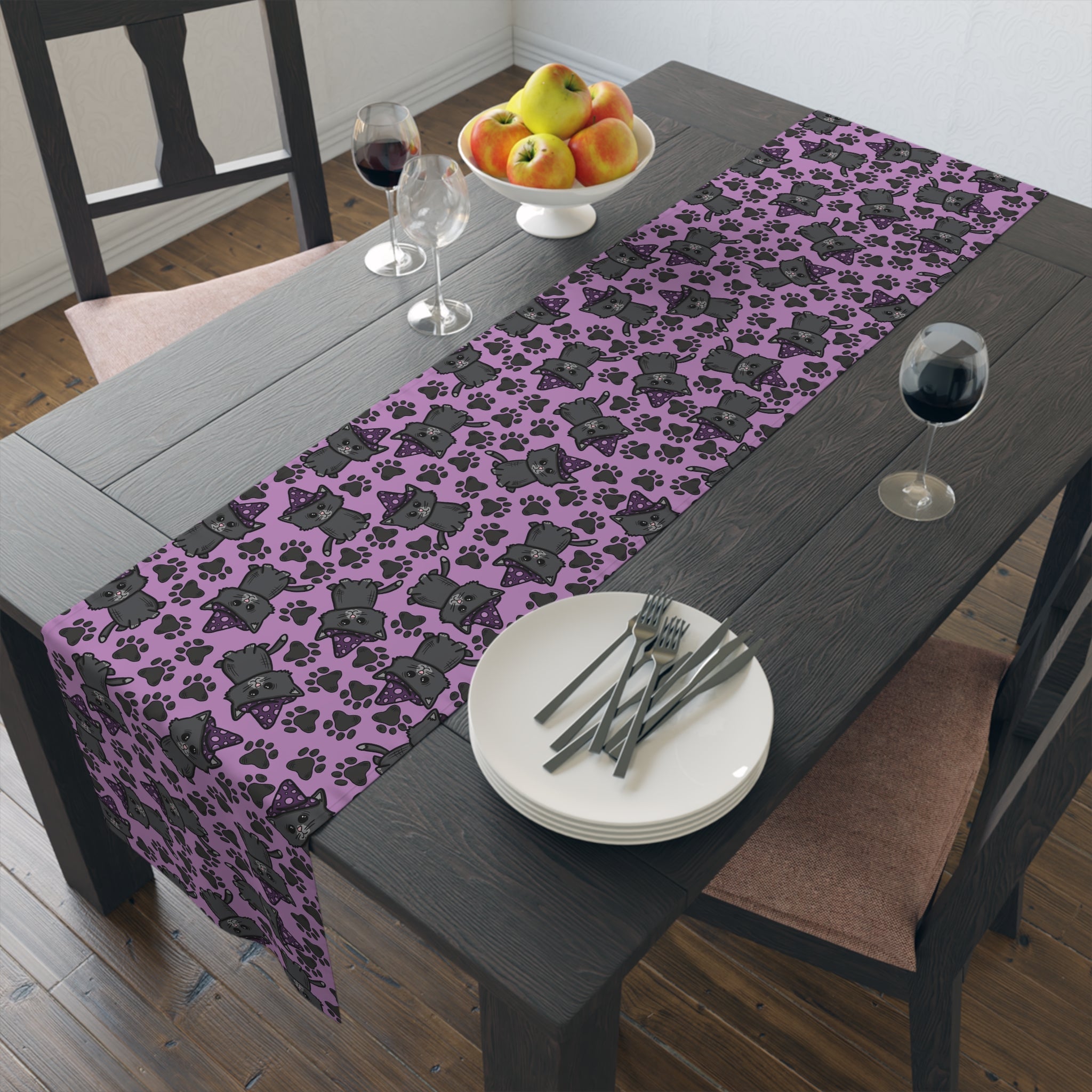 Witchy Kitties Cute Halloween Print Fall Autumn Decor Purple Cotton Poly Table Runner