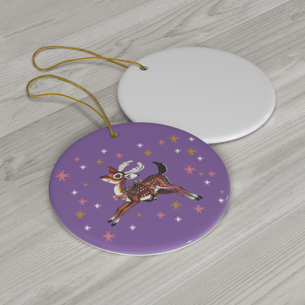 Reindeer Stars Purple Mid Century Retro Christmas Print Ceramic Ornament