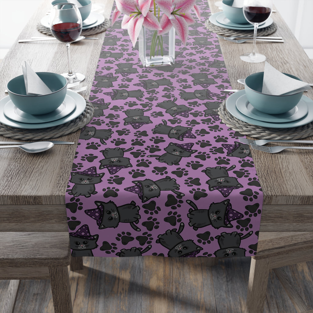 Witchy Kitties Cute Halloween Print Fall Autumn Decor Purple Cotton Poly Table Runner