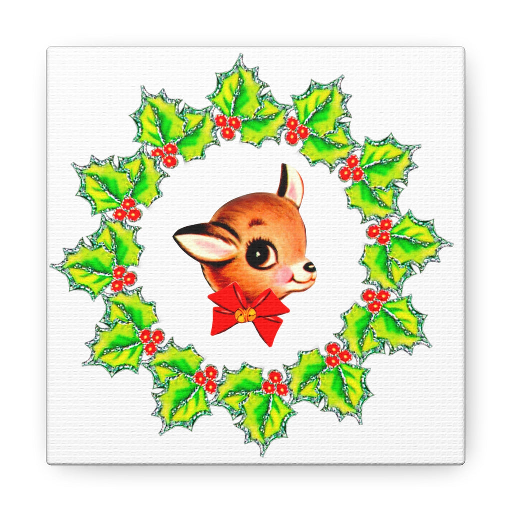 Reindeer With Holly Mid Century Retro Christmas Canvas Gallery Wrap