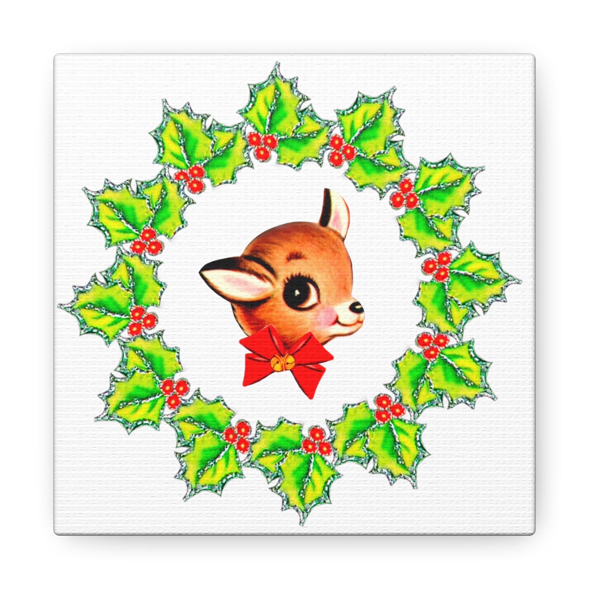 Reindeer With Holly Mid Century Retro Christmas Canvas Gallery Wrap
