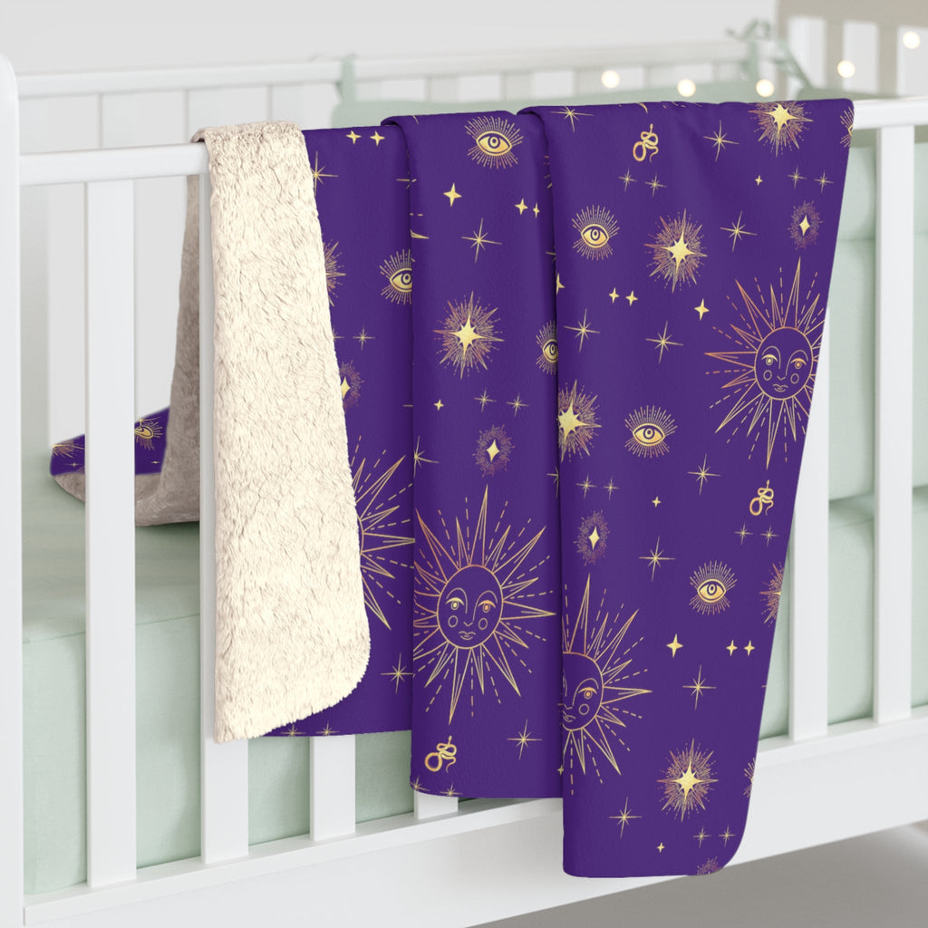 Gold Sun Stars Celestial Tarot Purple Sherpa Fleece Blanket