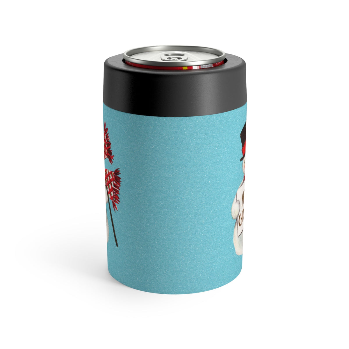 Merry Christmas Snowman Blue Background Mid Century Retro Christmas Print Stainless Steel Can Holder
