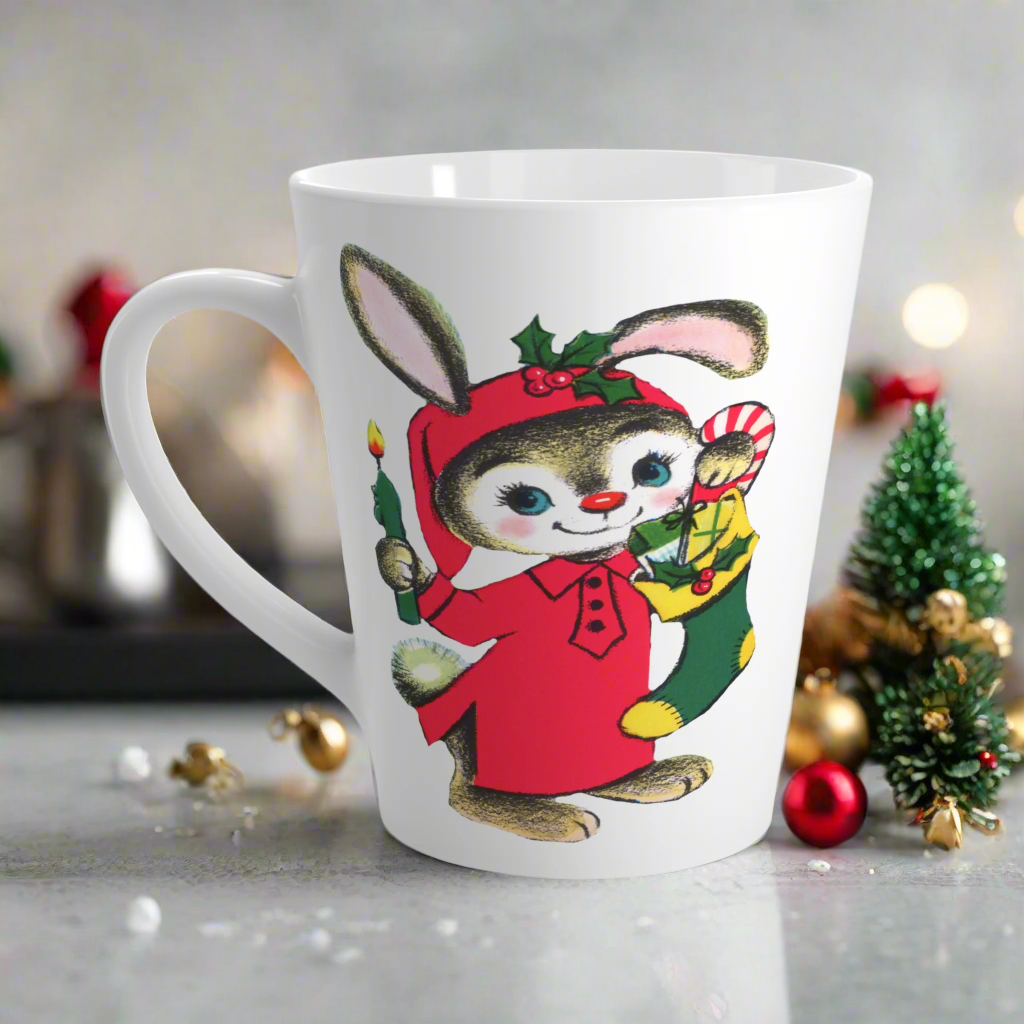 Christmas Bunny With Candle And Stocking Mid Century Retro Latte Coffee Mug