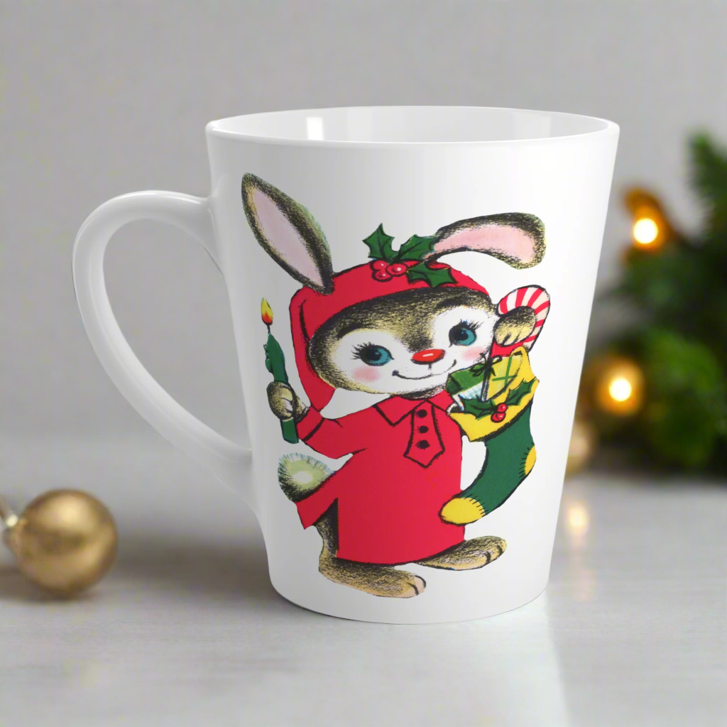 Christmas Bunny With Candle And Stocking Mid Century Retro Latte Coffee Mug
