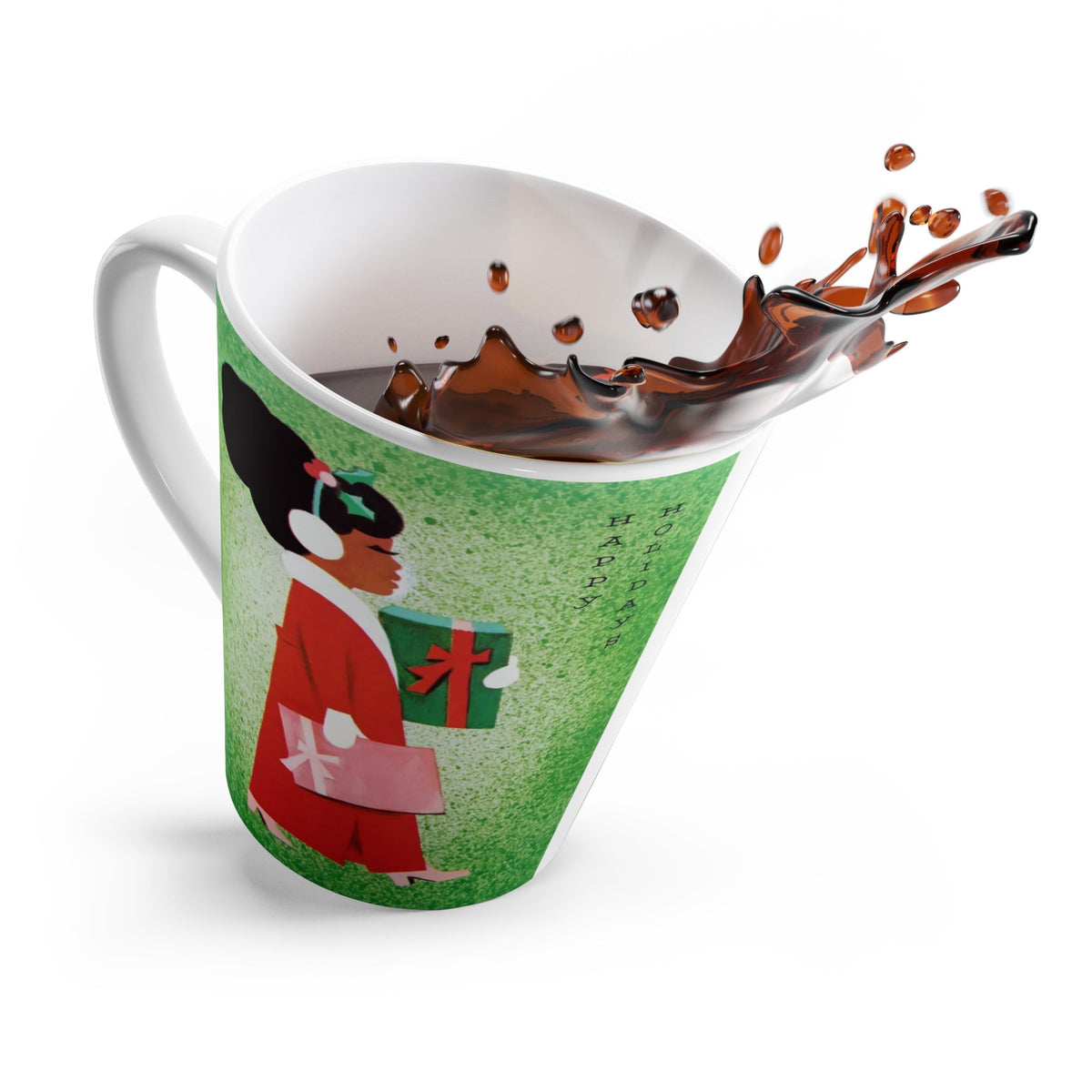 Happy Holidays Christmas Lady With Presents Retro Christmas Print Latte Coffee Mug