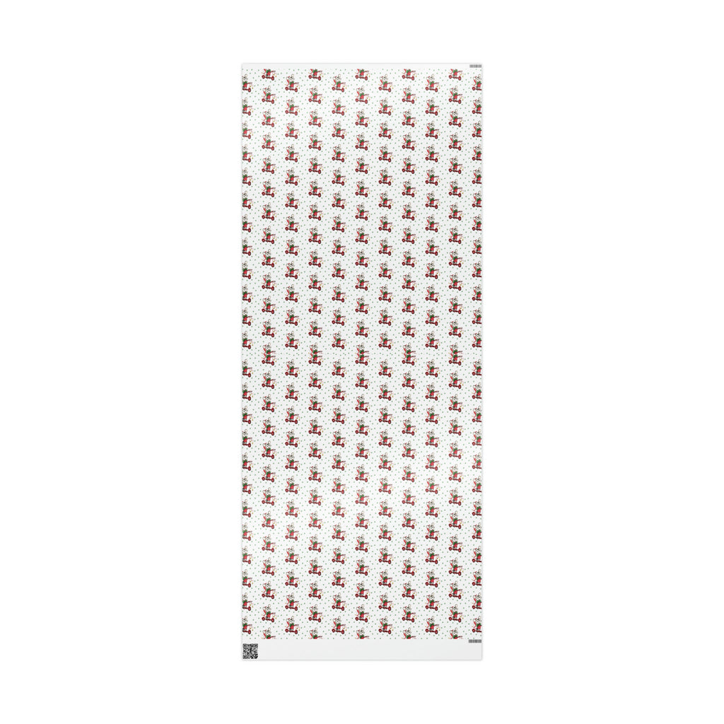 Christmas Mouse On Scooter Green Stars Mid Century Retro Christmas Print Holiday Gift Wrap Paper - Glossy Or Matte