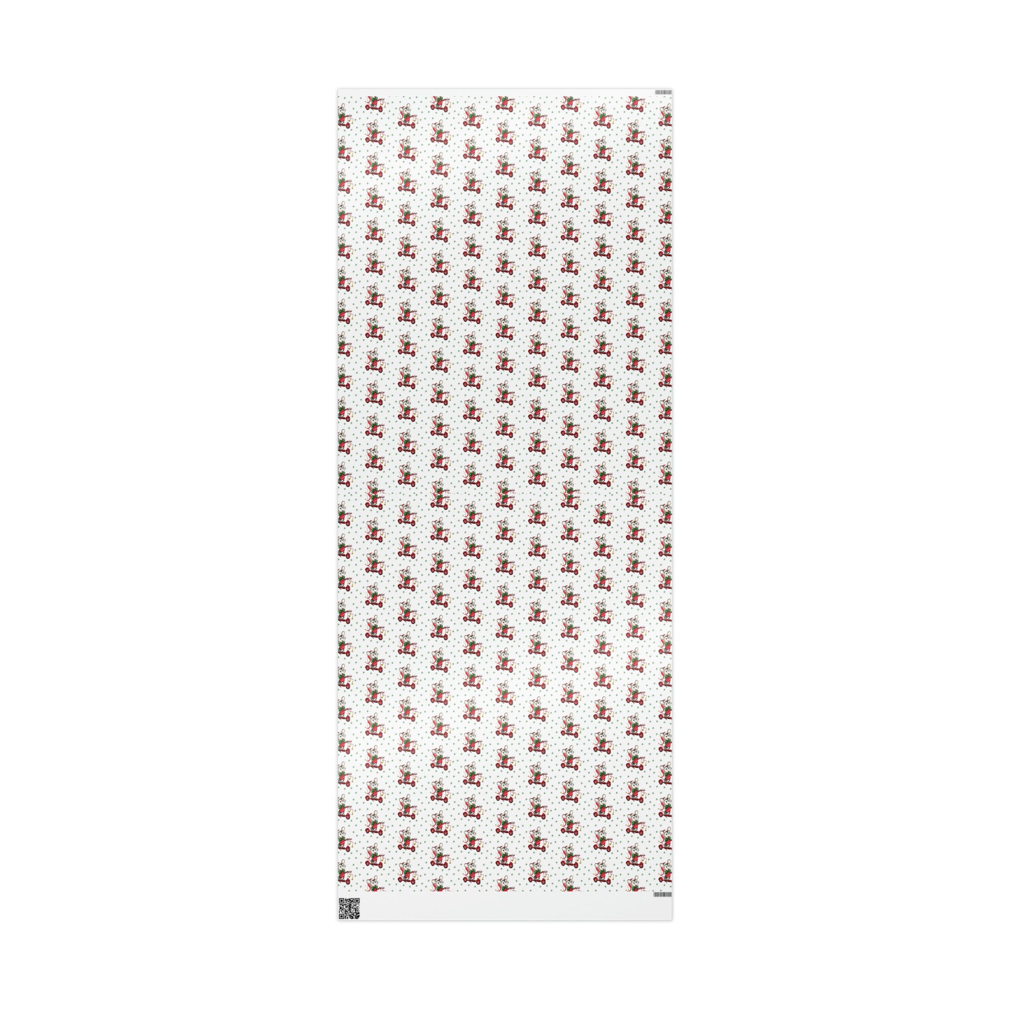 Christmas Mouse On Scooter Green Stars Mid Century Retro Christmas Print Holiday Gift Wrap Paper - Glossy Or Matte