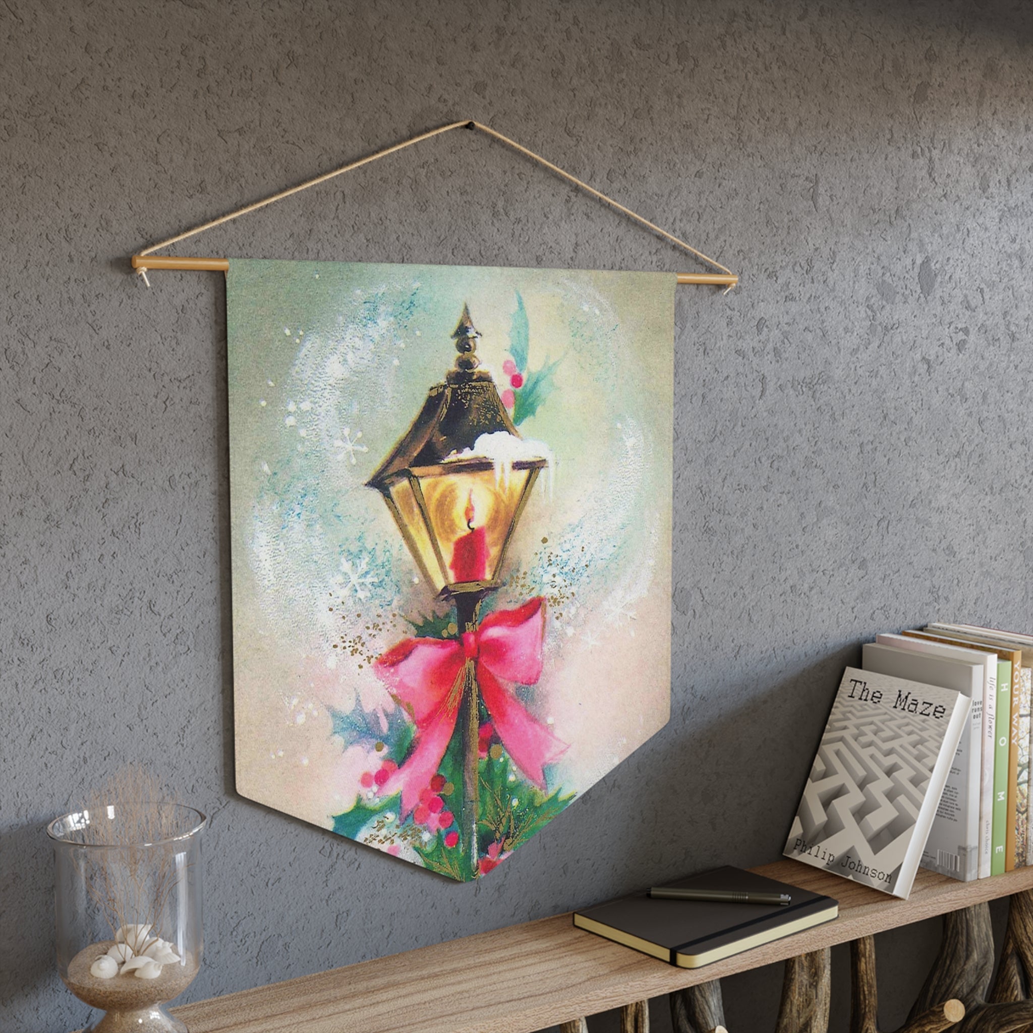 Christmas Winter Lampost With Pink Bow Retro Christmas Print Wall Hanging Banner Flag