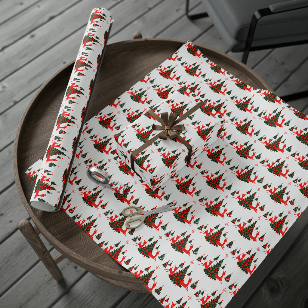 Red Reindeer Christmas Trees Mid Century Retro Christmas Print Holiday Gift Wrap Paper - Glossy Or Matte