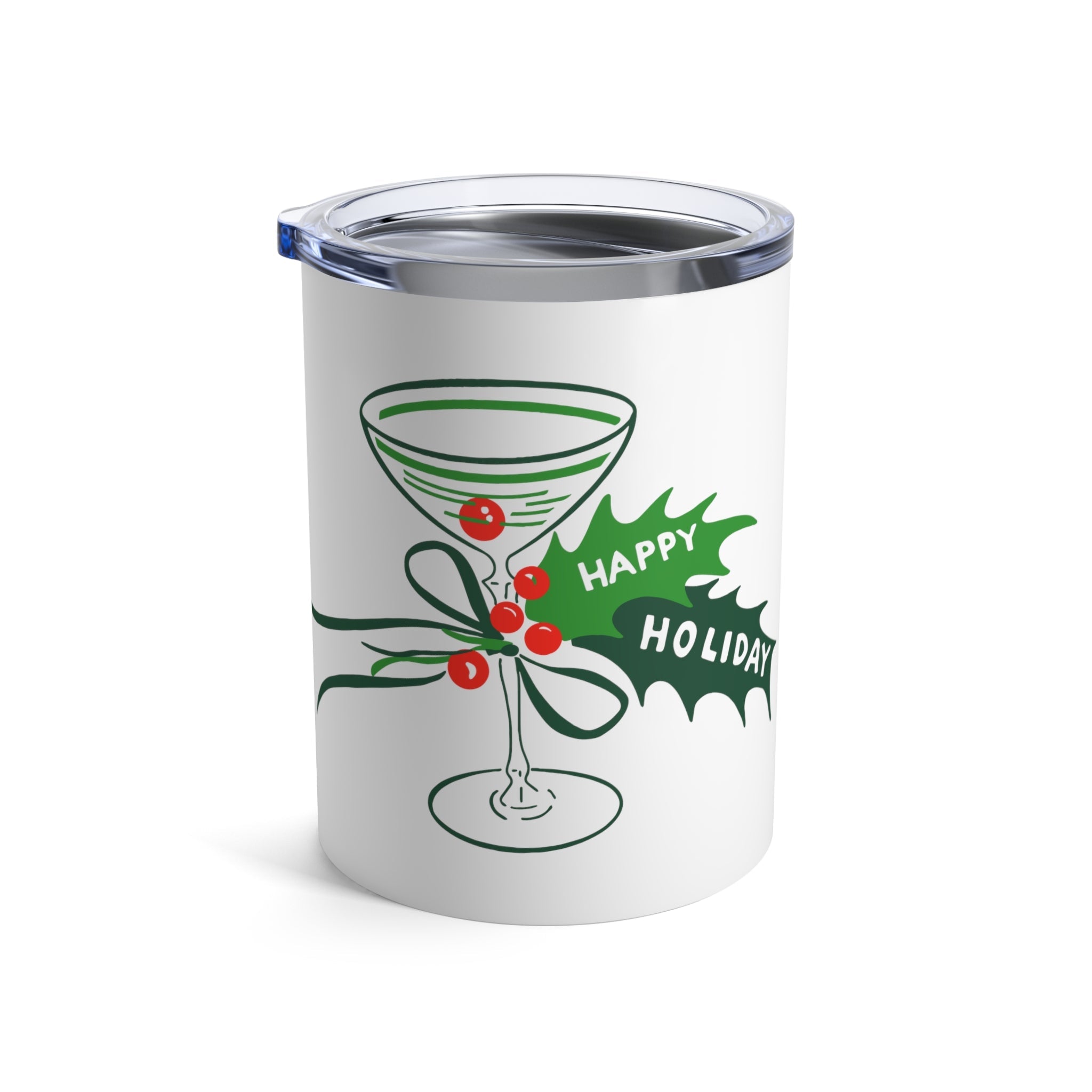 Happy Holidays Vintage Champagne Holly 50s Mid Century Retro Christmas Print Stainless Steel Tumbler 10oz