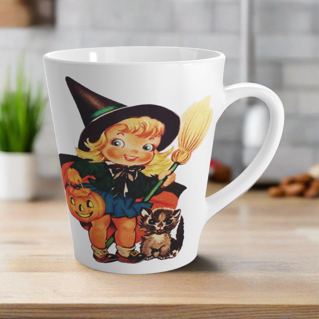 Cute Little Witch With Cat Retro Vintage Halloween Print Latte Coffee Mug