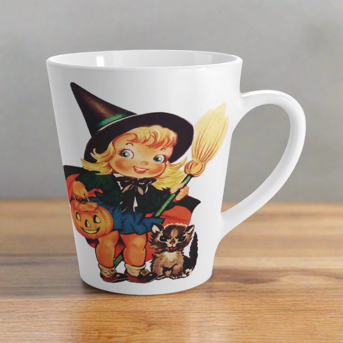 Cute Little Witch With Cat Retro Vintage Halloween Print Latte Coffee Mug