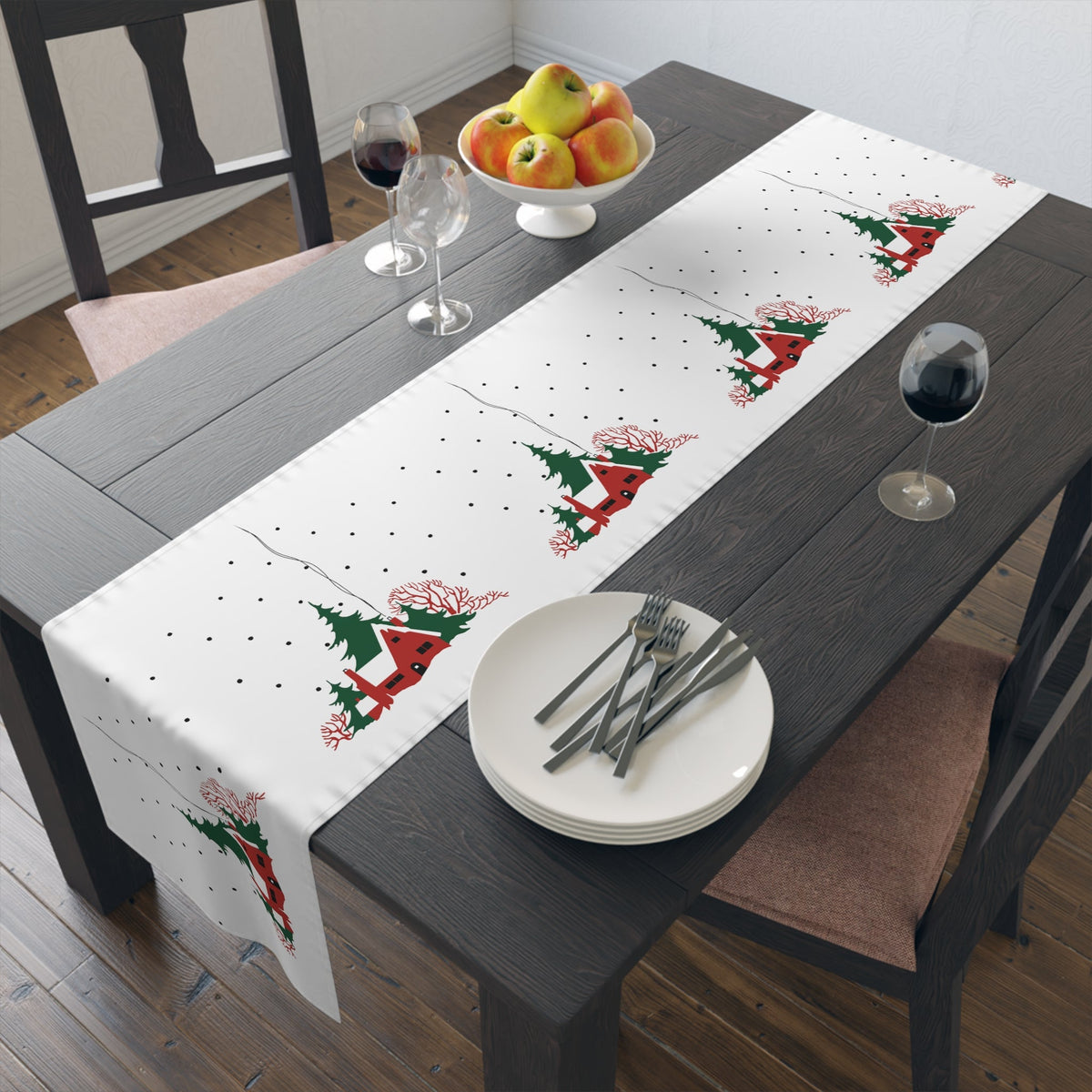 Cozy Christmas Home In Snow Mid Century Retro Christmas Print Home Decor Cotton Poly Table Runner