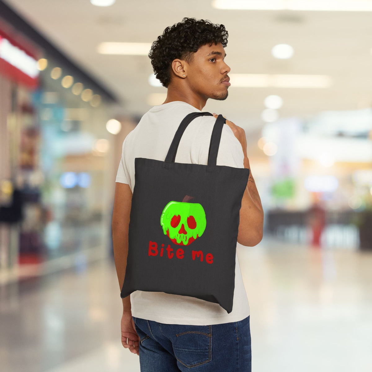 Bite Me Poison Apple Snow White Evil Queen Cotton Canvas Halloween Tote Bag