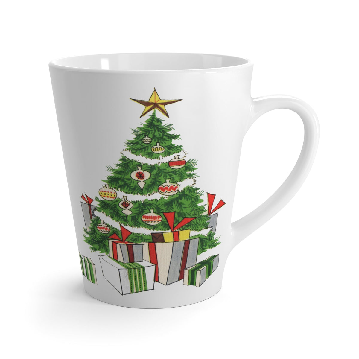 Christmas Tree WIth Presents Retro Christmas Print Latte Coffee Mug