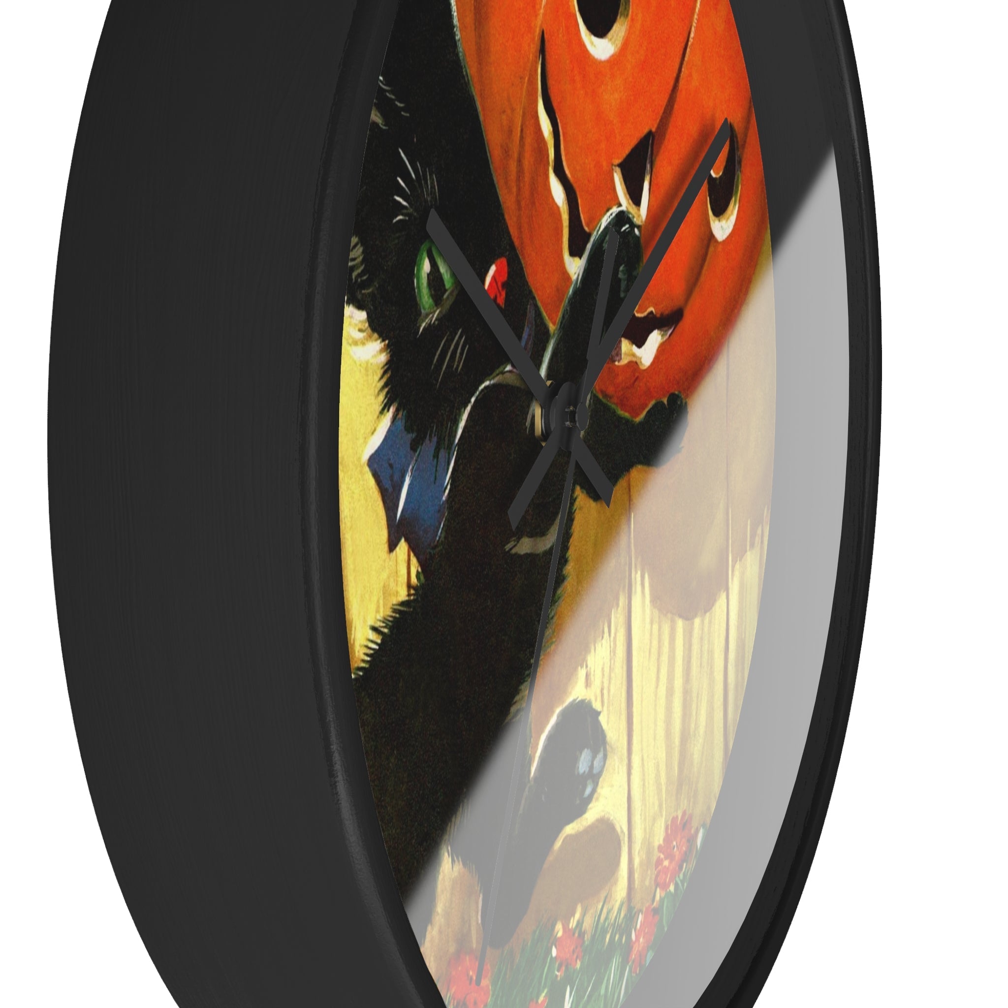Cute Black Cat Pumpkin Jack O Lantern Retro Halloween Print Wall Clock