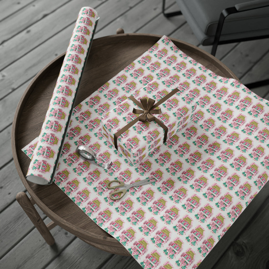 Pink Christmas House Mid Century Retro Christmas Print Holiday Gift Wrap Paper - Glossy Or Matte