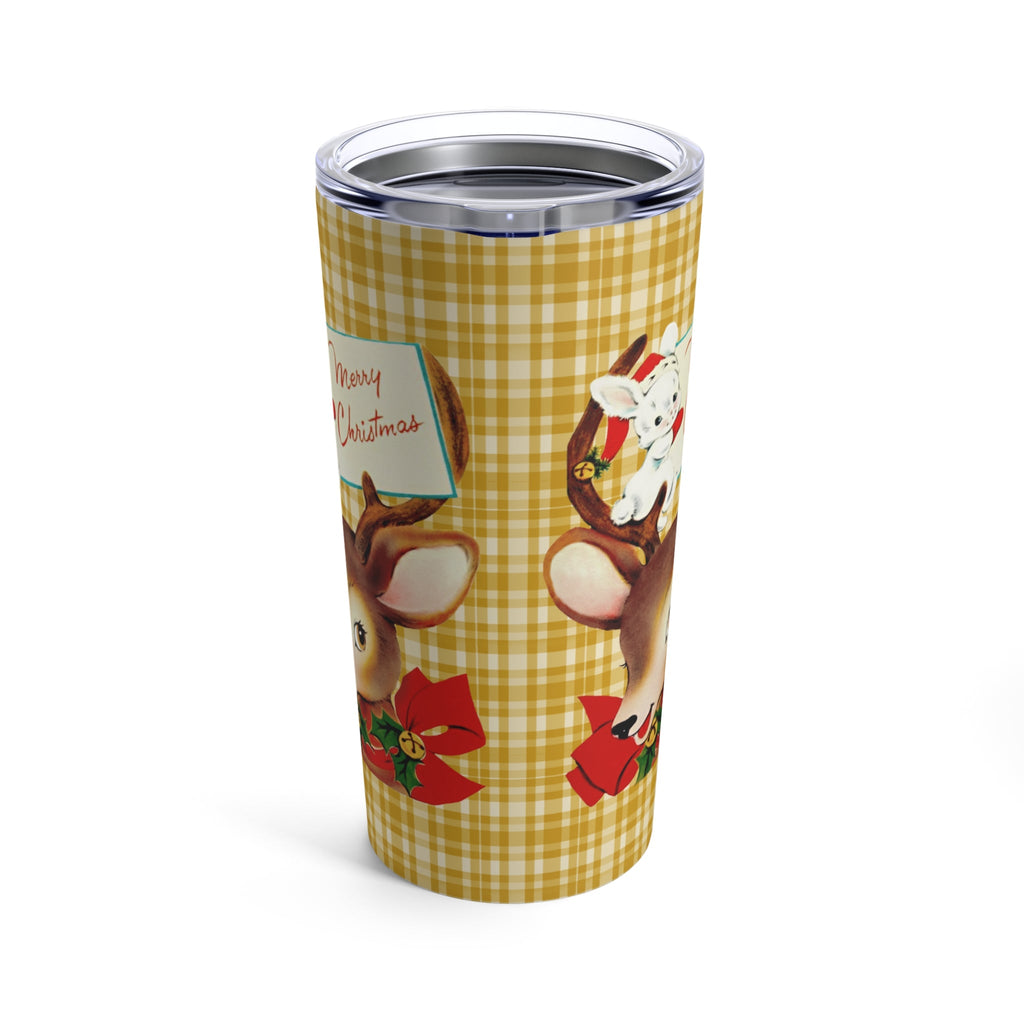 Merry Christmas Reindeer Bunny Yellow Plaid Retro Mid Century Christmas Style Stainless Steel Tumbler 20oz