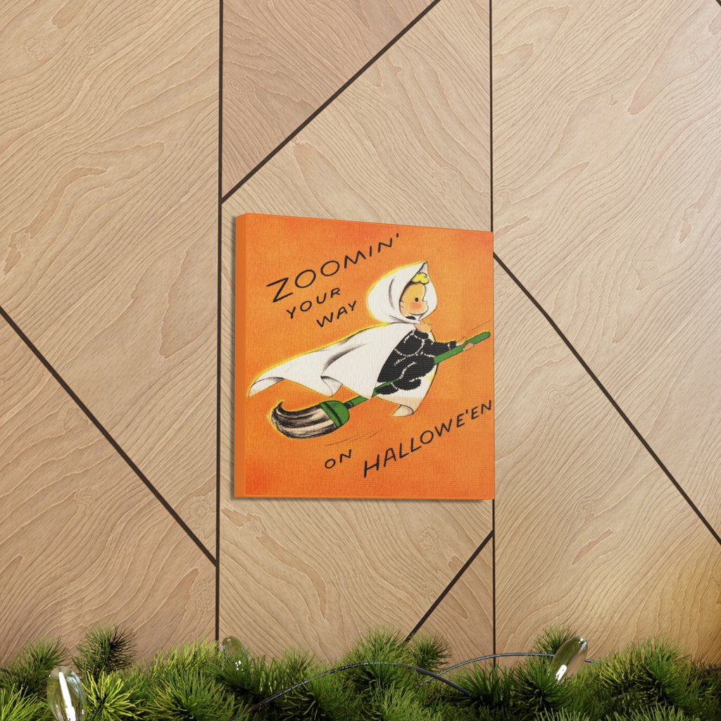 Zoomin' Your Way On Halloween Orange Witch On Broom Retro Halloween Decor Print Canvas Gallery Wrap
