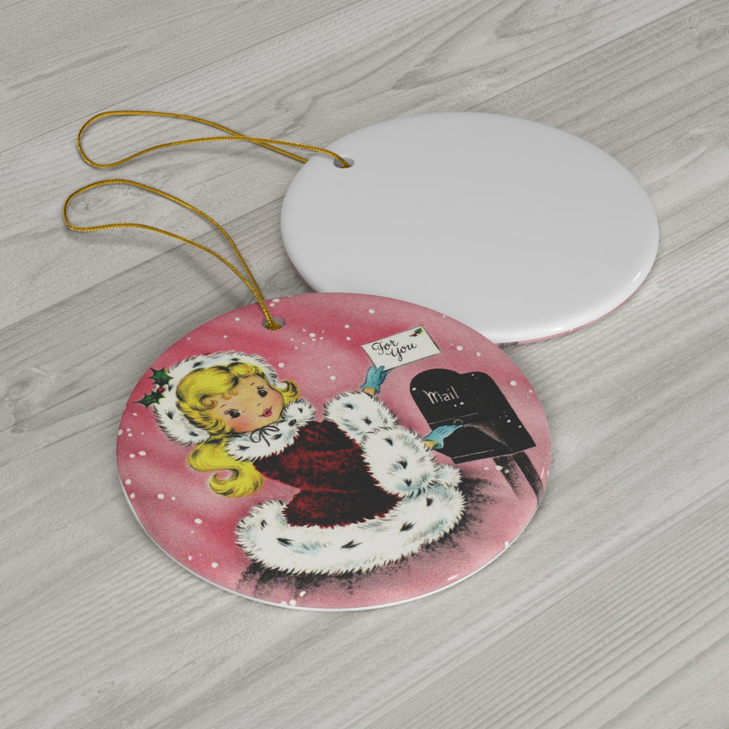 Christmas Lady At Mailbox Mid Century Retro Christmas Print Ceramic Ornament
