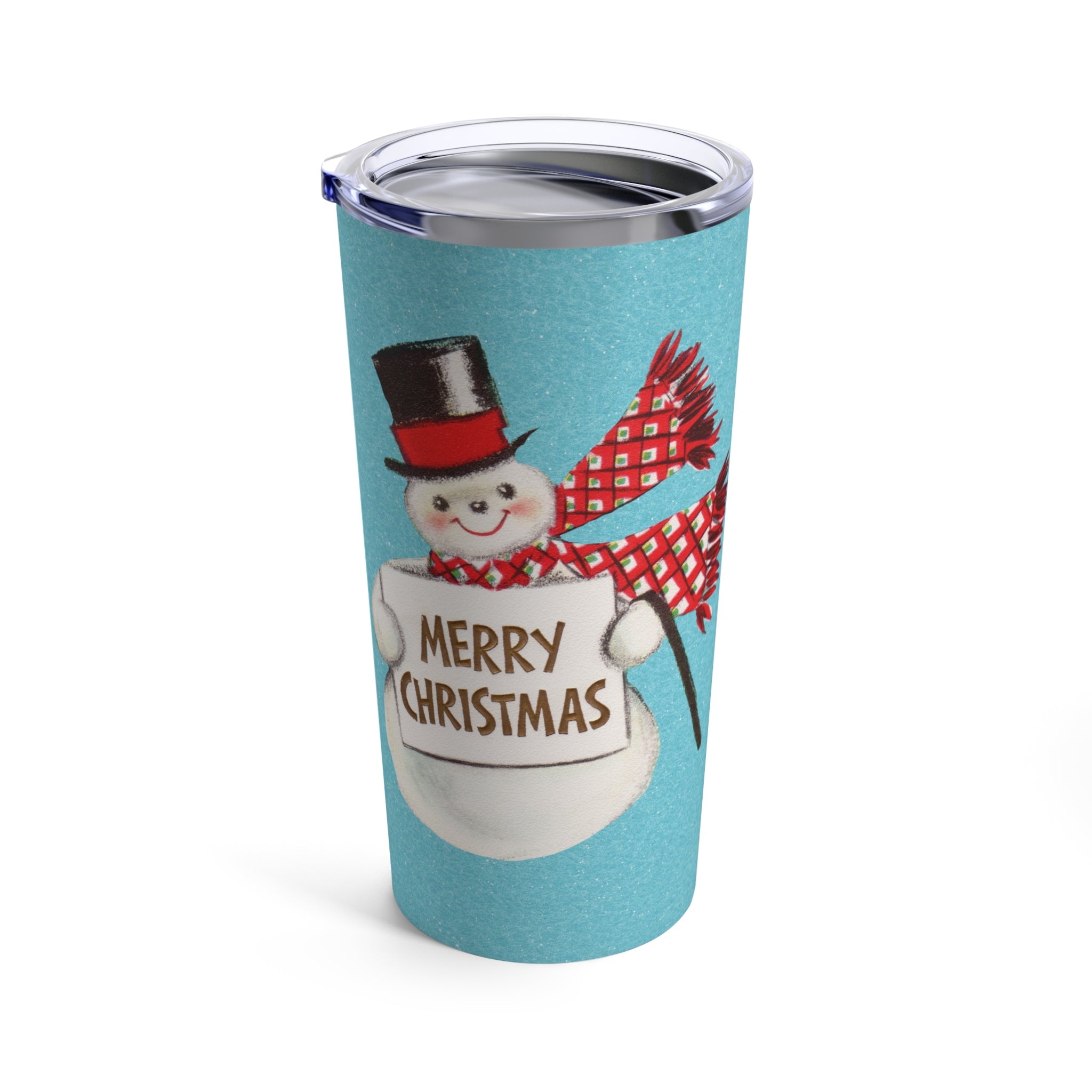 Merry Christmas Snowman Blue Mid Century Retro Christmas Print Stainless Steel Tumbler 20oz