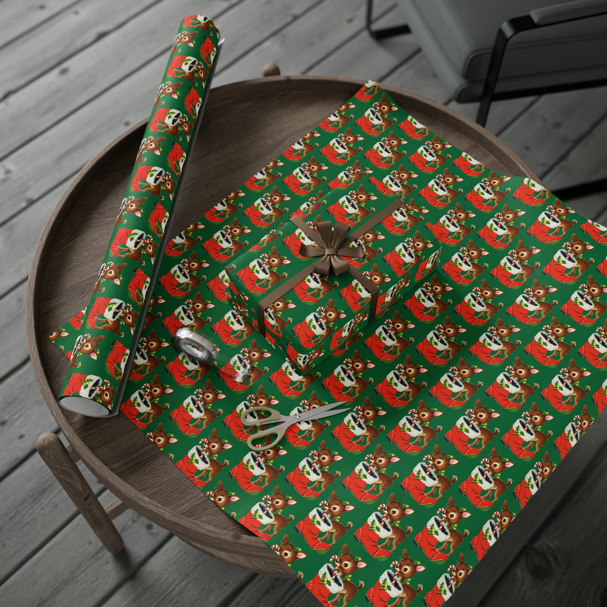 Reindeer With Stocking Mid Century Retro Christmas Print Holiday Gift Wrap Paper - Glossy Or Matte