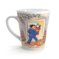Midcentury New Beginnings: Retro Couple Crossing Threshold Latte Mug - Ideal Wedding & Housewarming Gift