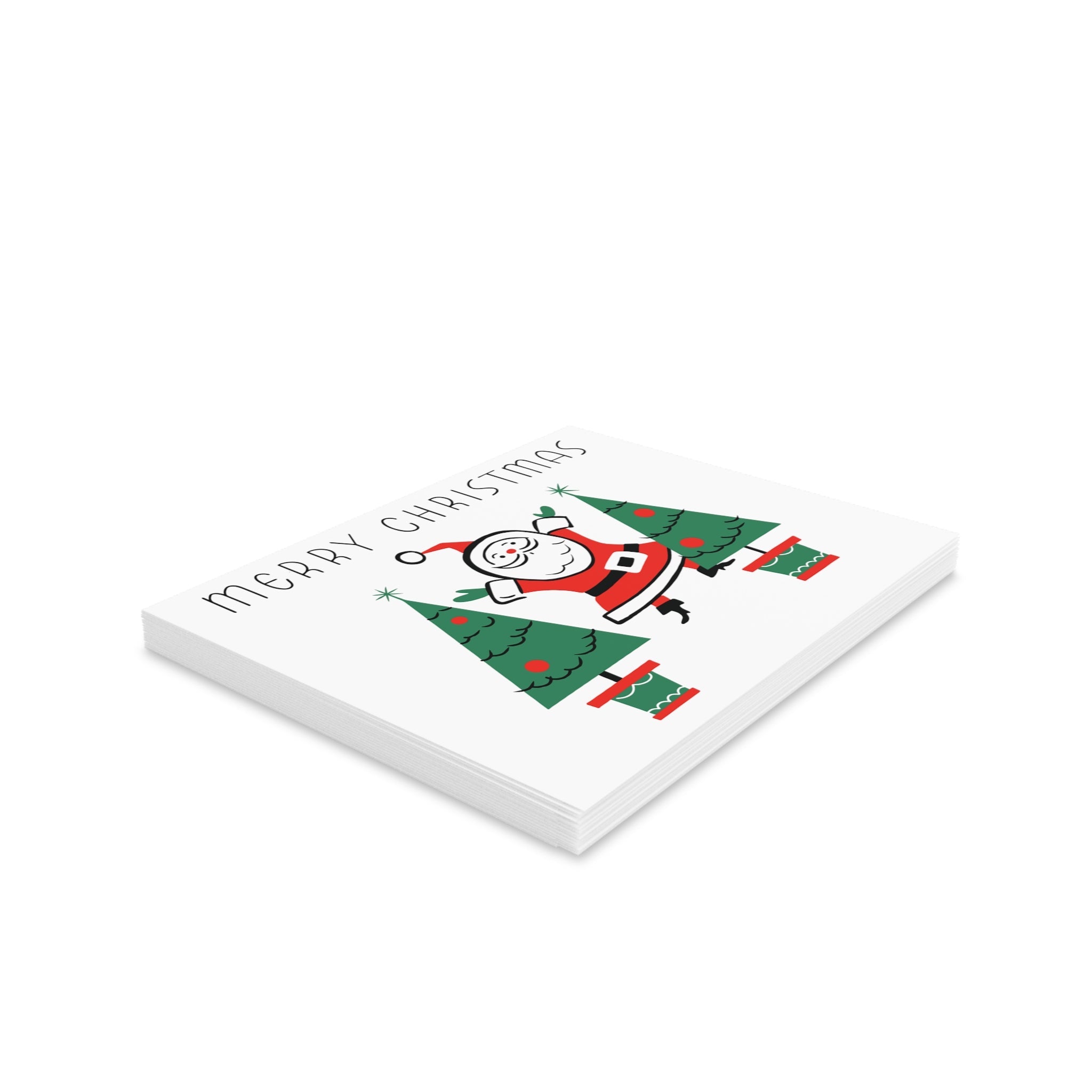 Merry Christmas Santa Trees Mid Century Retro Christmas Print Matte Greeting Cards (8, 16, and 24 pcs)