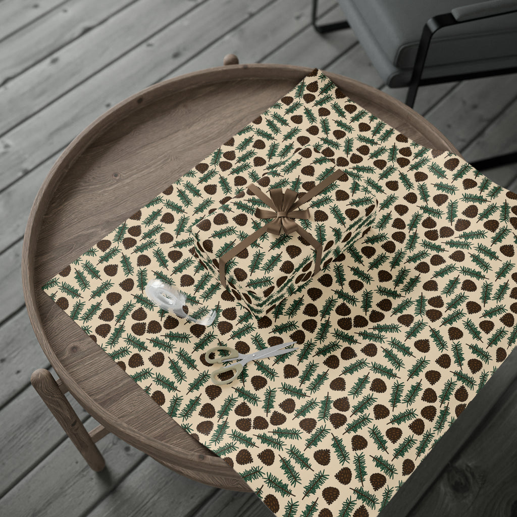 Pinecones With Sprigs Of Pine Cute Winter Christmas Print Holiday Gift Wrap Paper - Glossy Or Matte