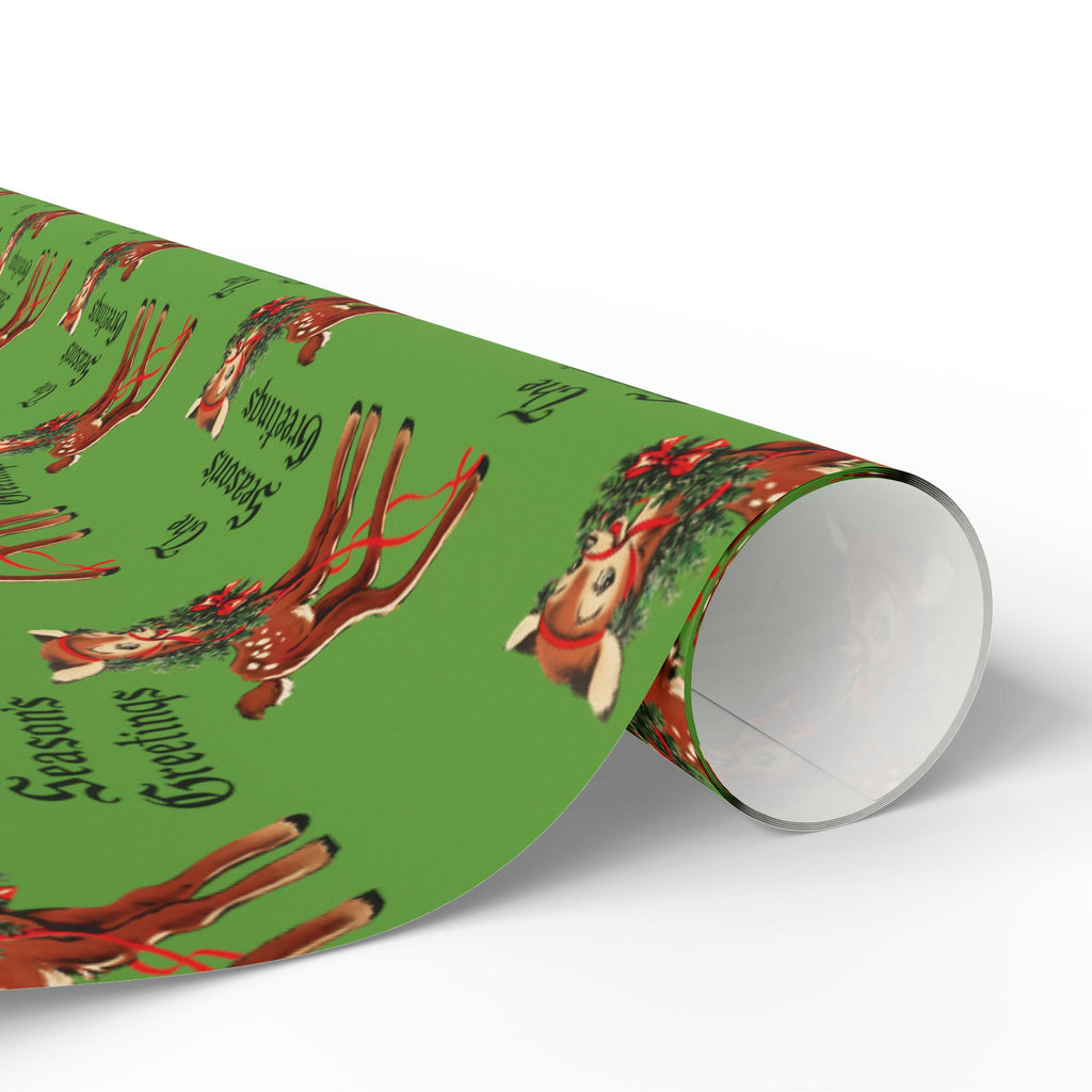 The Season's Greetings Reindeer With Wreath Mid Century Retro Christmas Print Holiday Gift Wrap Paper - Glossy Or Matte