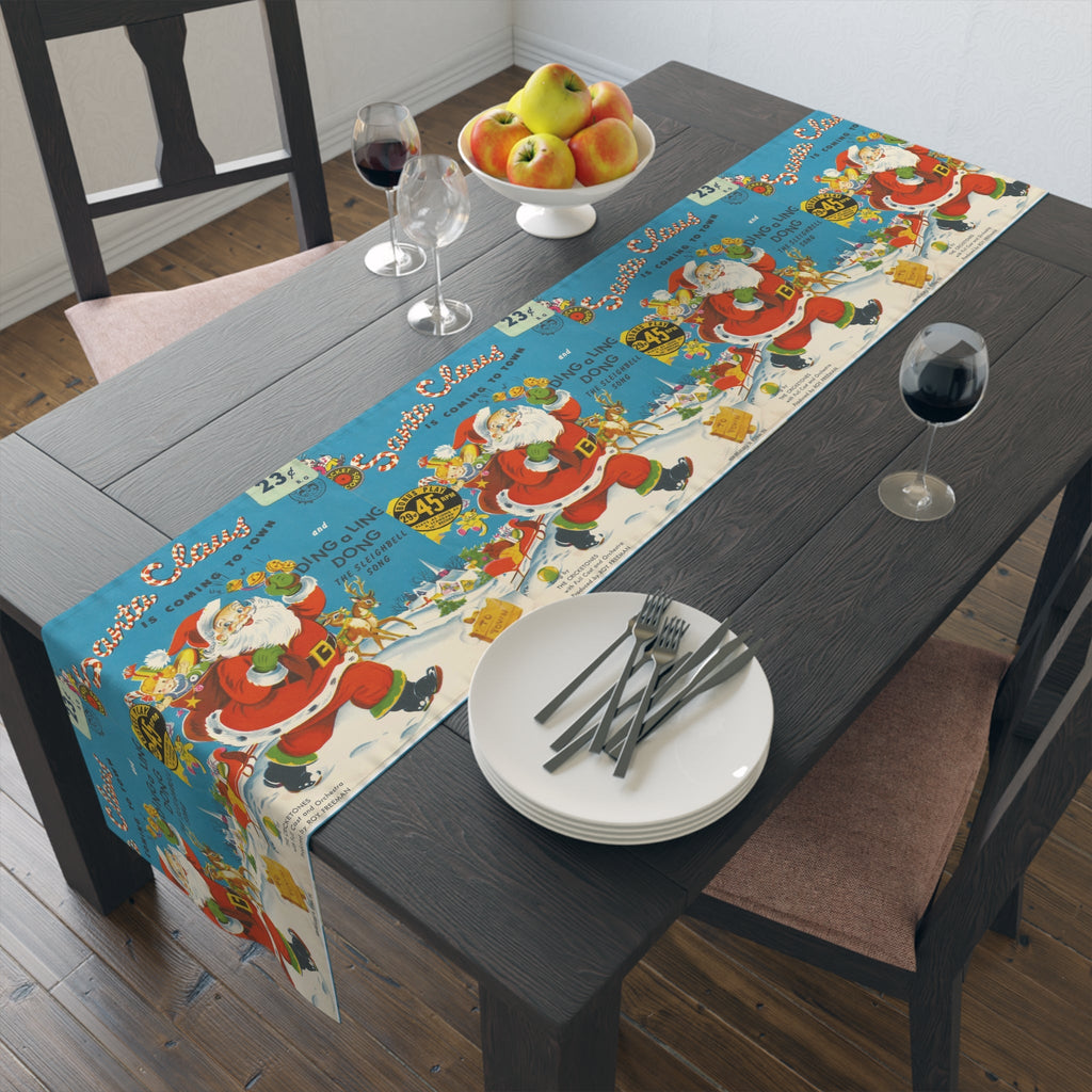 Santa Claus Is Coming To Town Record Cover Retro Mid Century Christmas Print Home Decor Cotton Poly Table Runner