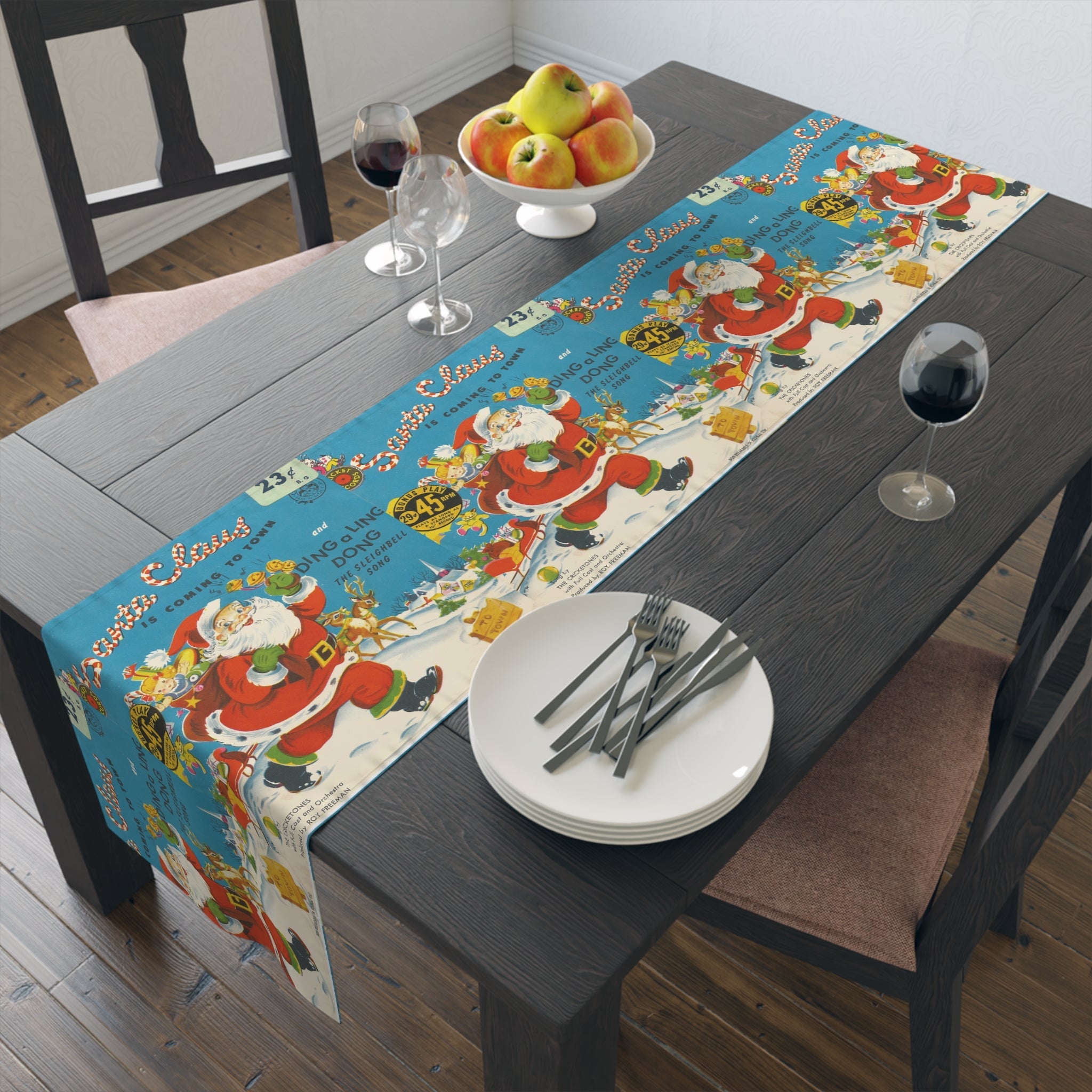 Santa Claus Is Coming To Town Record Cover Retro Mid Century Christmas Print Home Decor Cotton Poly Table Runner