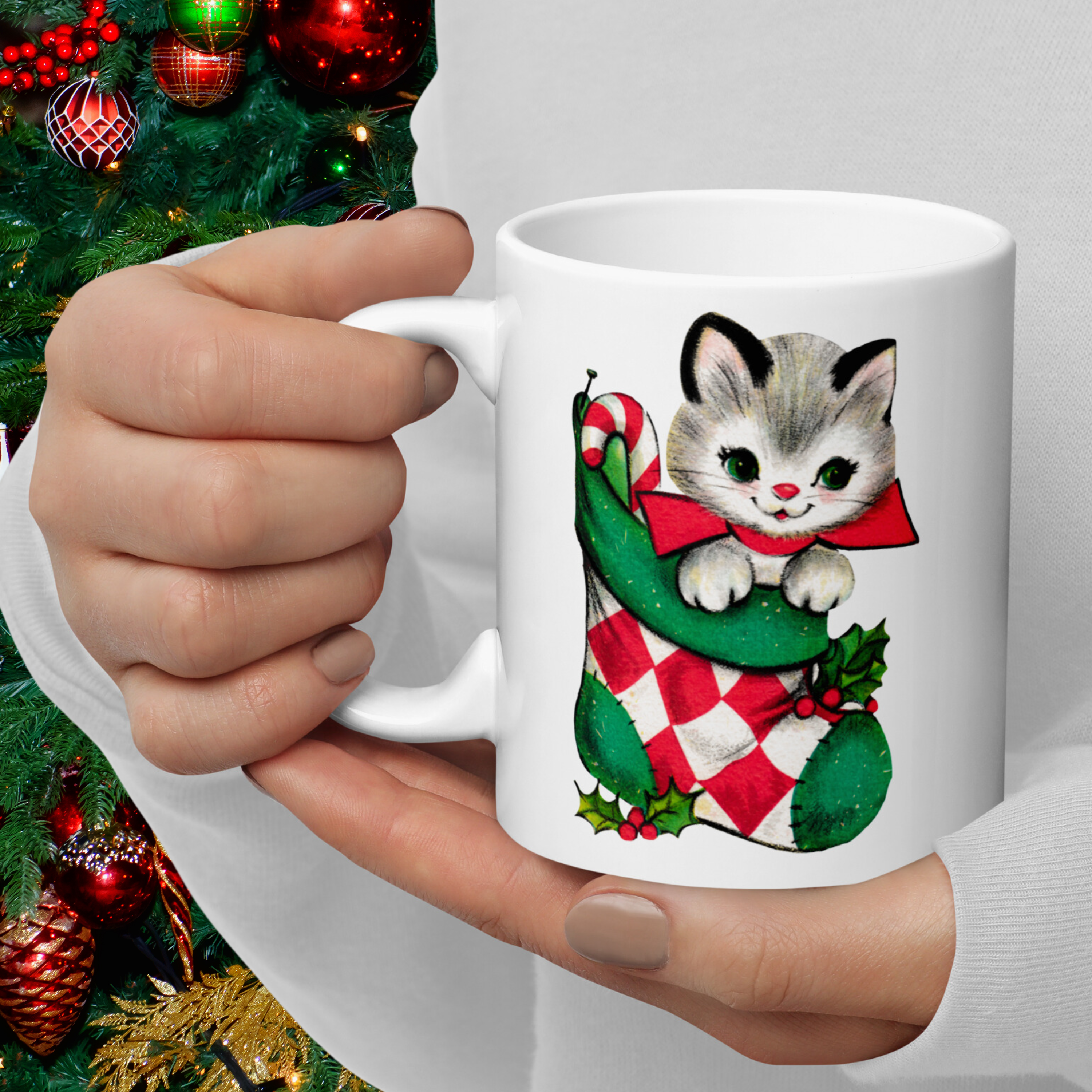 Christmas Kitten In Stocking Midcentury Retro Christmas Glossy Coffee Mug