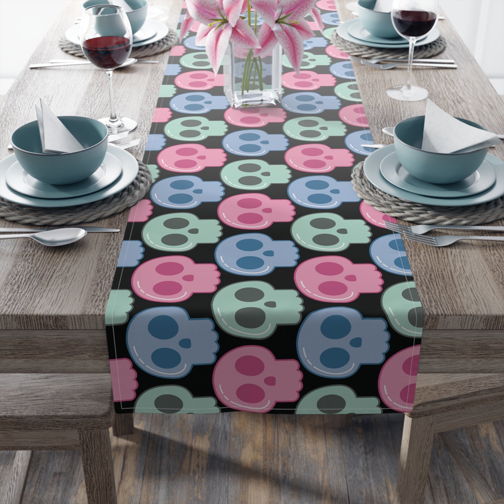 Pastel Goth Skulls Cute Halloween Black Decor Cotton Poly Table Runner