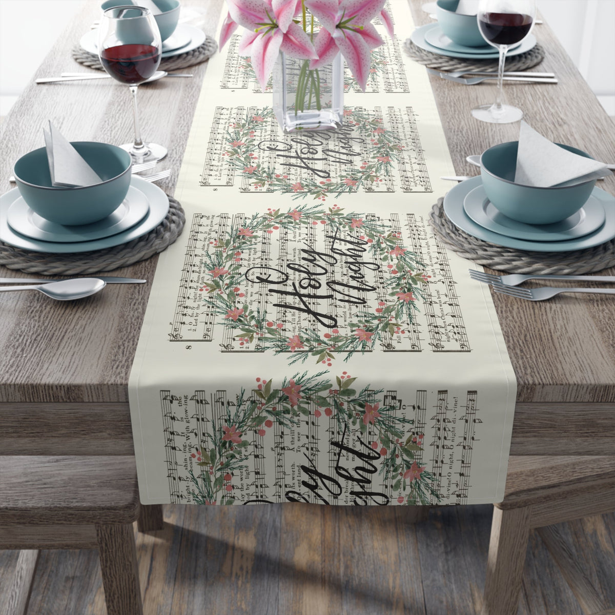 O Holy Night Wreath Retro Sheet Music Christmas Cotton Poly Table Runner