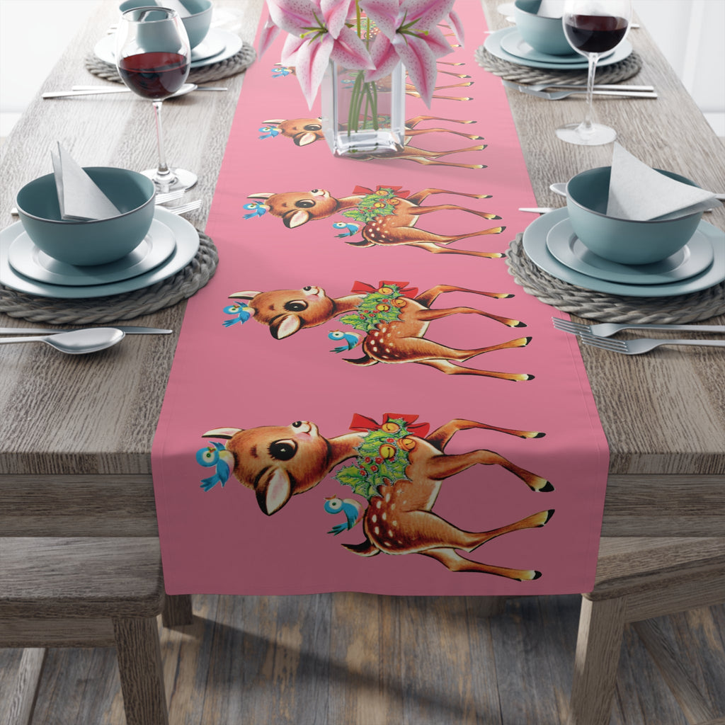 Reindeer With Bluebirds Retro Christmas Pink Polyester Table Runner
