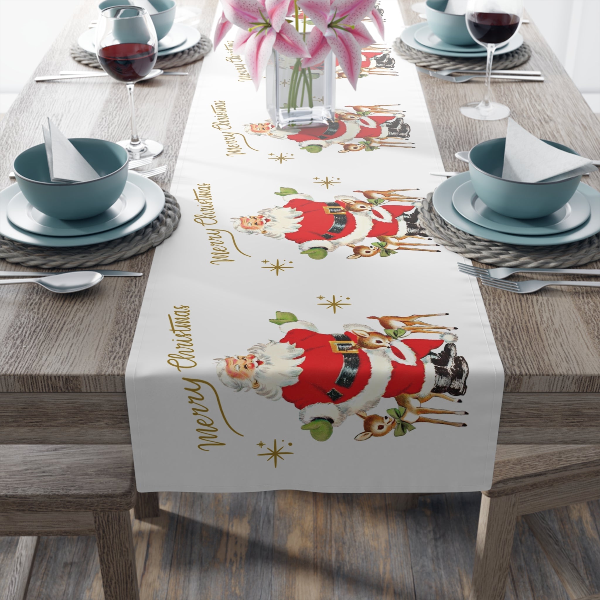 Merry Christmas Santa Reindeer Gold Stars Retro Christmas Table Runner