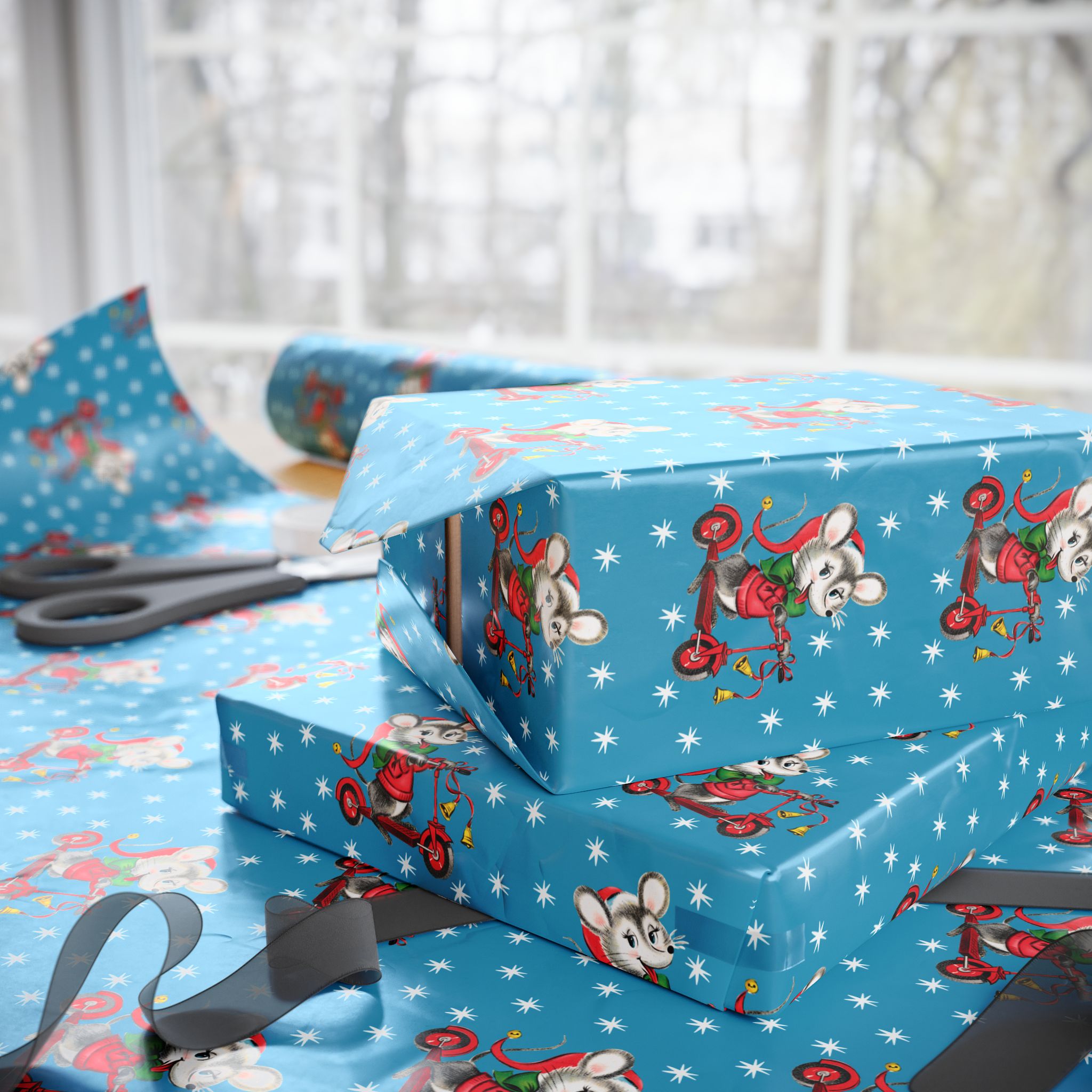 Christmas Mouse On Scooter Stars Mid Century Retro Christmas Print Holiday Gift Wrap Paper - Glossy Or Matte