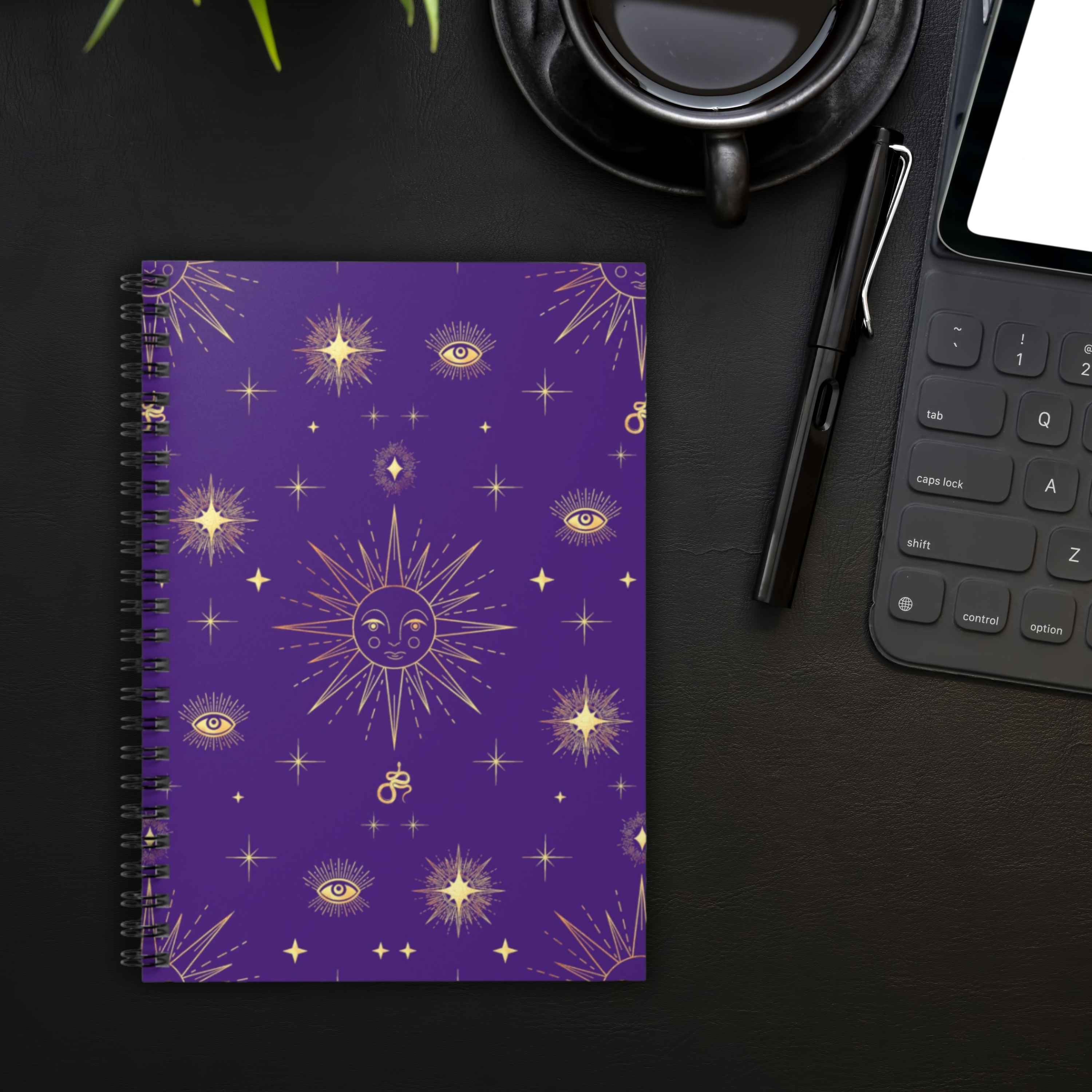 Gold Sun Stars Celestial Tarot Purple Spiral Ruled Line Notebook