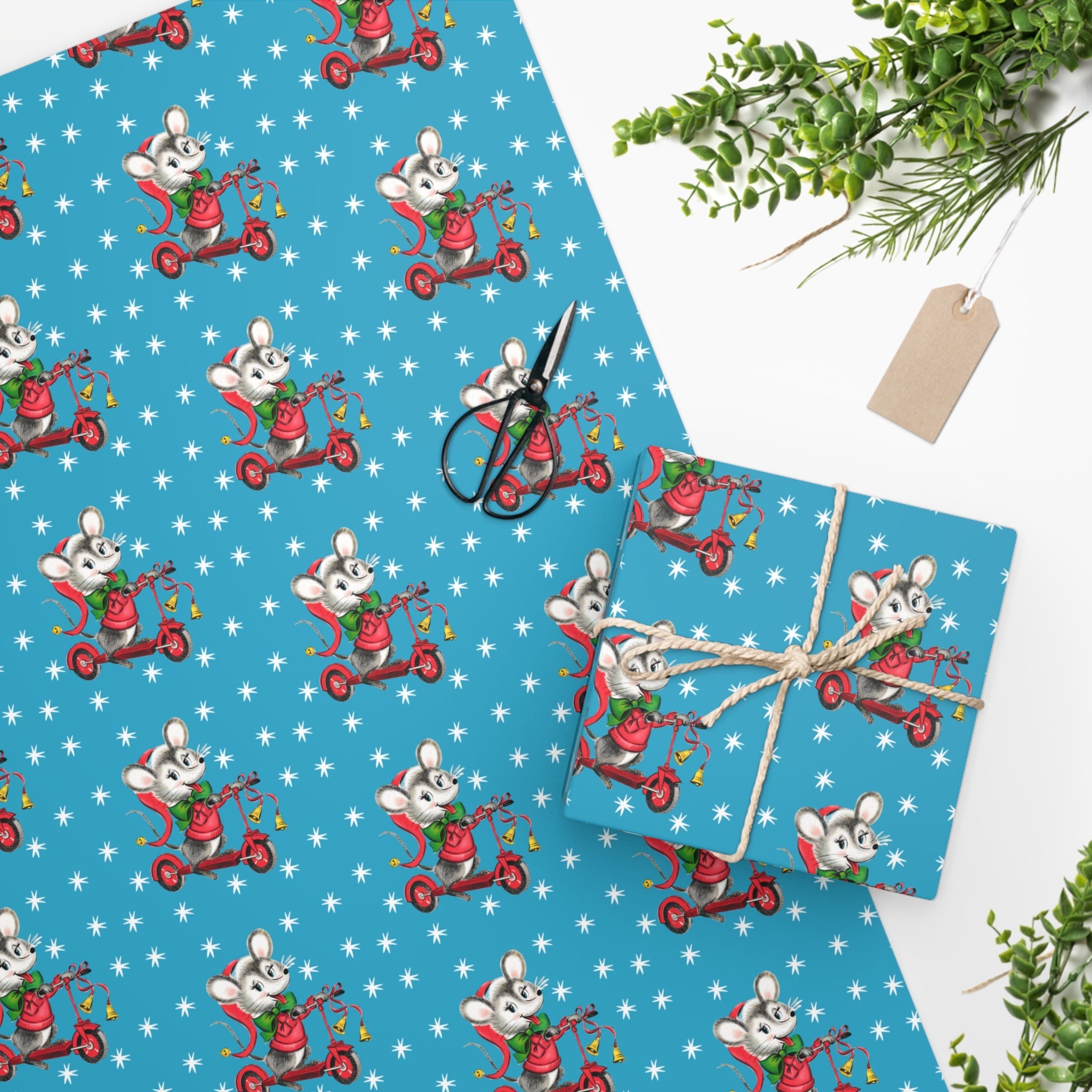 Christmas Mouse On Scooter Stars Mid Century Retro Christmas Print Holiday Gift Wrap Paper - Glossy Or Matte