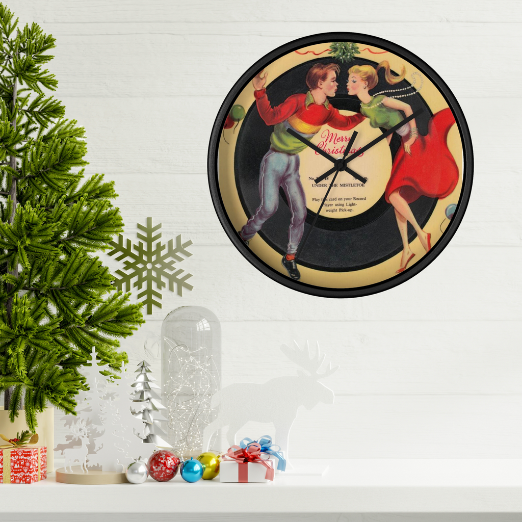 Under The Mistletoe Merry Christmas Couple Record Retro Black Wooden Wall Clock