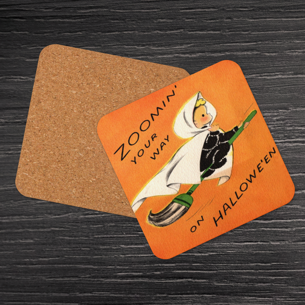 Zoomin' Your Way On Halloween Orange Witch Halloween Retro Cork-back Coaster