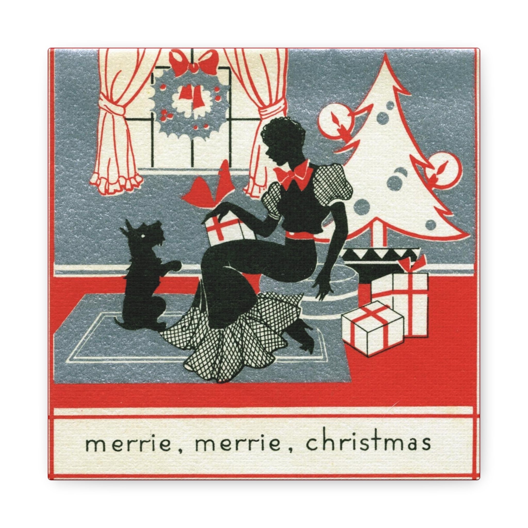 Merrie, Merrie Christmas Woman And Scottie Mid Century Retro Christmas Canvas Gallery Wrap
