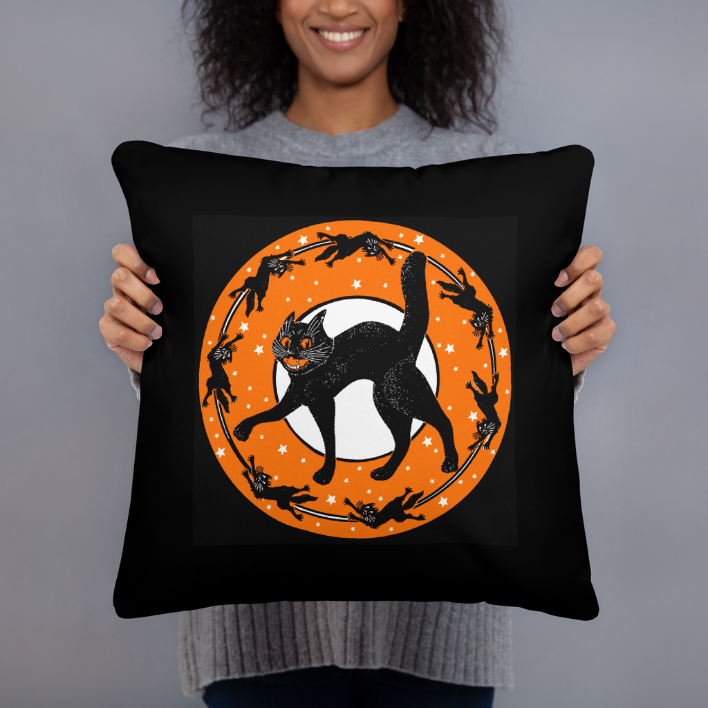Black Cats Full Moon Retro Halloween Black Square Pillow
