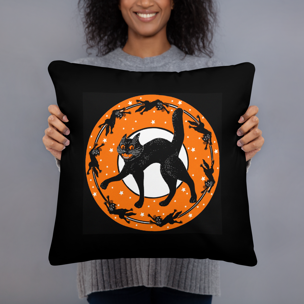 Black Cats Full Moon Retro Halloween Black Square Pillow