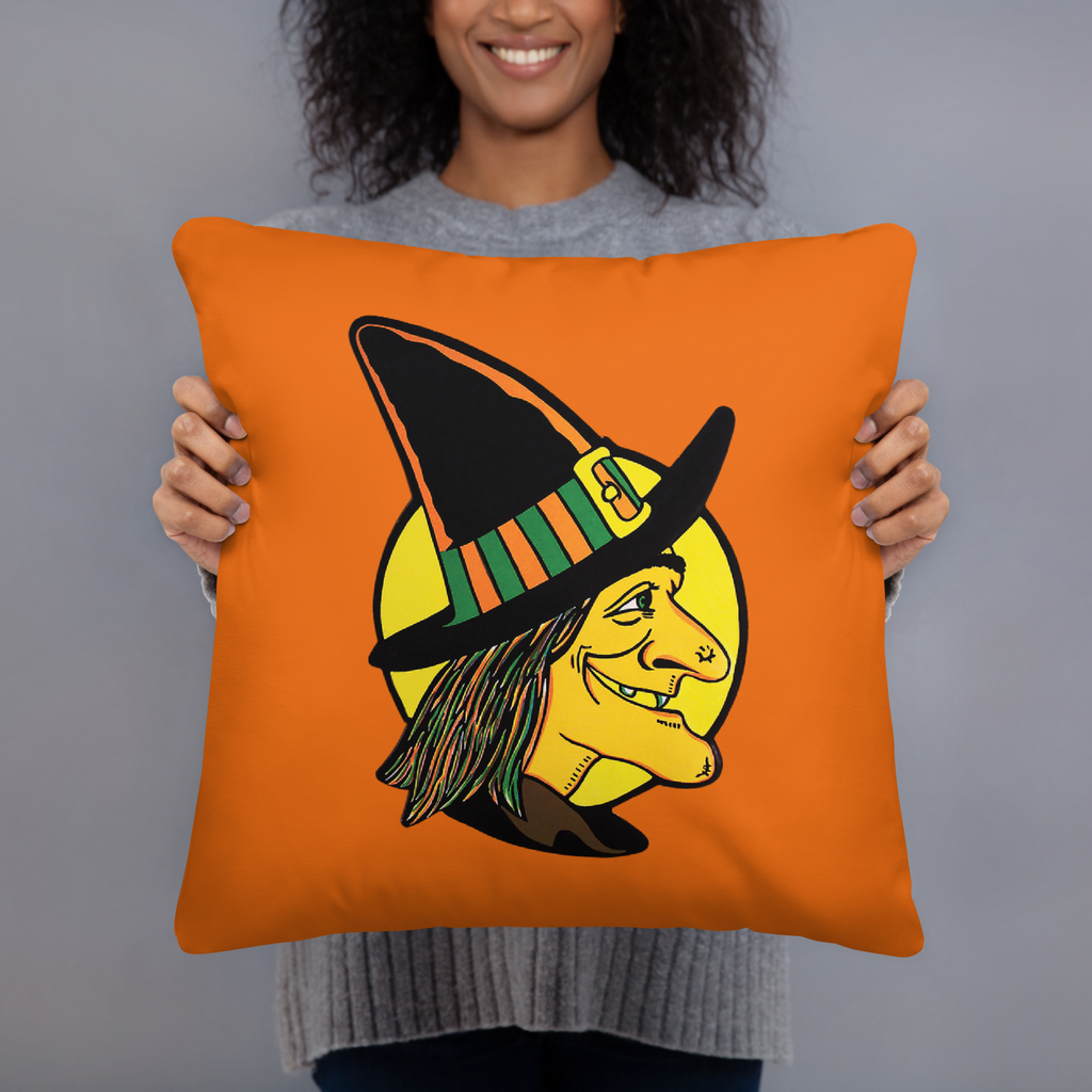 Retro Witch Full Moon Orange Halloween Square Pillow